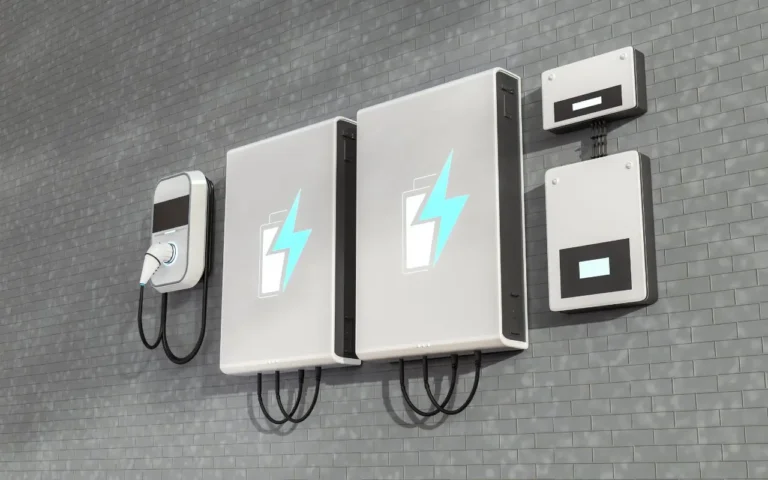 Sistema de baterias residenciais em uma parede, destacando tecnologias de armazenamento de energia para maior eficiência elétrica em residências.