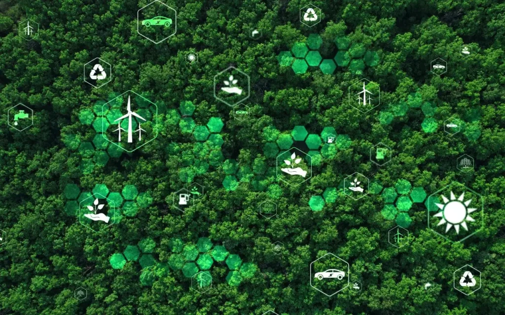 Floresta vista de cima com ícones digitais de sustentabilidade, como energia renovável e reciclagem, alinhados aos Objetivos de Desenvolvimento Sustentável.