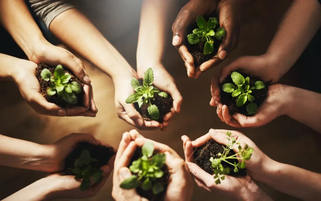 "Grupo de mãos segurando mudas de plantas em solo fértil, representando colaboração para alcançar os Objetivos de Desenvolvimento Sustentável.