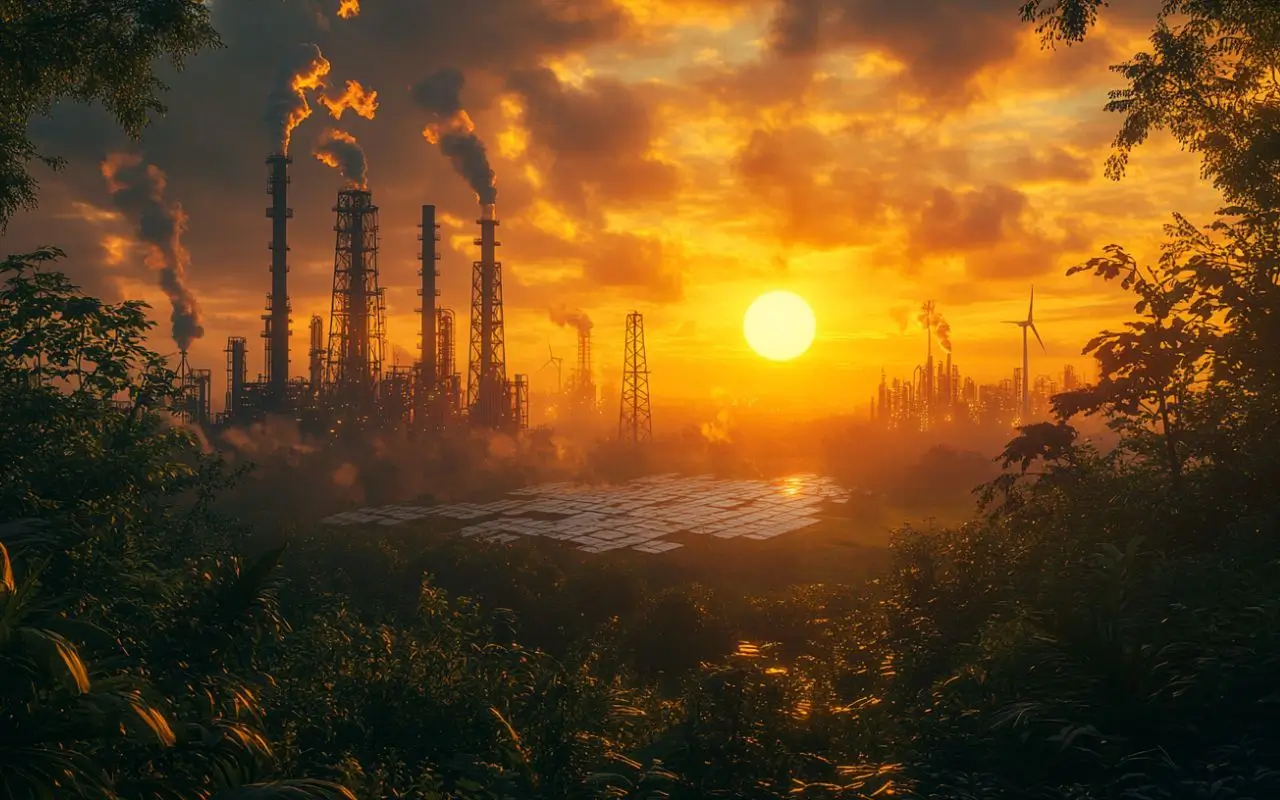 Paisagem-industrial-ao-pôr-do-sol,-com-refinarias-de-petróleo-e-chaminés-emitindo-fumaça-de-um-lado,-enquanto-painéis-solares-e-turbinas-eólicas-surgem-em-meio-à-vegetação-exuberante-do-outro-lado,-simbolizando-a-transição-dos-combustíveis-fósseis-para-as-energias-renováveis.