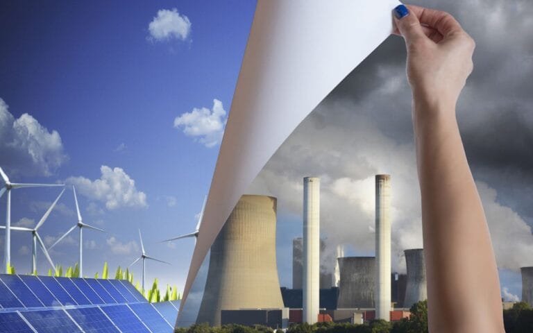 Mão revelando uma transformação da energia poluente, como usinas a carvão, para fontes limpas como energia solar e eólica, representando a transição energética.