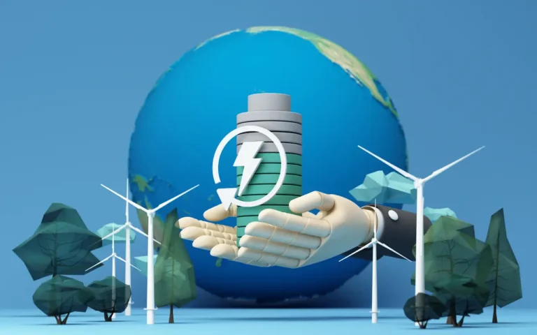 Uma mão de madeira segurando um ícone de bateria com turbinas eólicas, árvores e o planeta ao fundo, representando o uso de energias limpas e renováveis para um futuro sustentável.