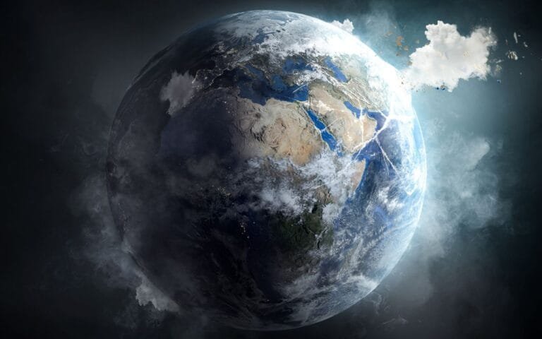 Imagem do planeta Terra com tempestades e nuvens intensas simbolizando os efeitos das mudanças climáticas em escala global.