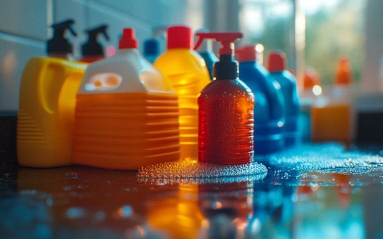 Frascos coloridos de produtos de limpeza líquidos, iluminados por luz natural, representando o uso de derivados do petróleo em produtos químicos do dia a dia.