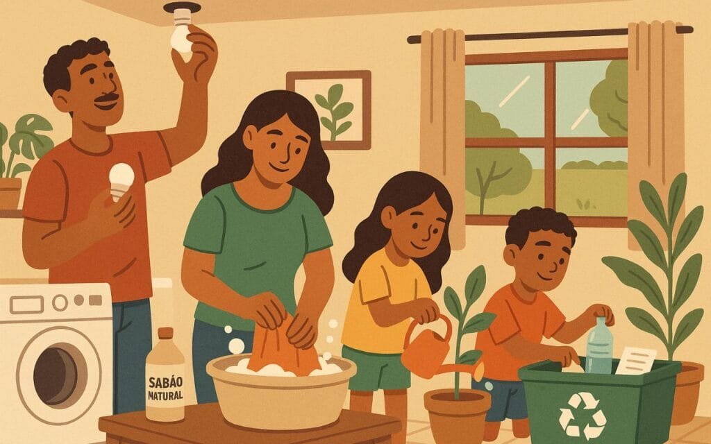 Ilustração de uma família em frente a uma casa sustentável, com painéis solares no telhado, horta no quintal, roupas no varal e lixeiras de coleta seletiva. Representação de atividade sustentabilidade no ambiente doméstico.