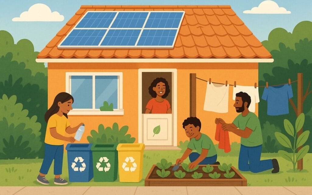Família realizando ações sustentáveis dentro de casa, como troca de lâmpadas, lavagem de roupas com sabão natural, rega de plantas e separação de lixo reciclável. Exemplo de atividade sustentabilidade no cotidiano.